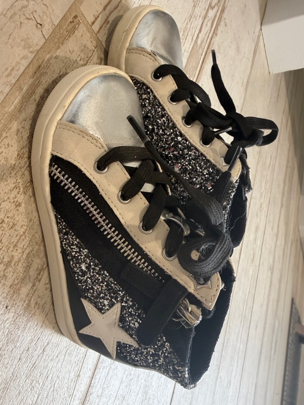 Kids Glitter High-Top Sneakers in Black & Silver Nina